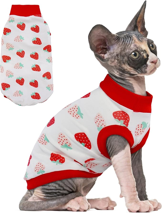 PUMYPOREITY Sphynx Cat Clothes: Stretchy Sweater, Soft Hairless Shirt, Pullover Pajamas, Turtleneck for Cornish Rex, Devon Rex - Red, S