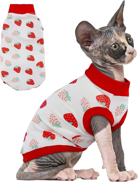 PUMYPOREITY Sphynx Cat Clothes: Stretchy Sweater, Soft Hairless Shirt, Pullover Pajamas, Turtleneck for Cornish Rex, Devon Rex - Red, S
