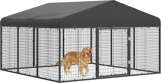 Outdoor Dog Kennel Steel for Medium/Small Dogs Anti-Rust Coating Cage with Roof All Weather Resistant Dog House with Double Locks (118" W x 118" D x 72.5" H)