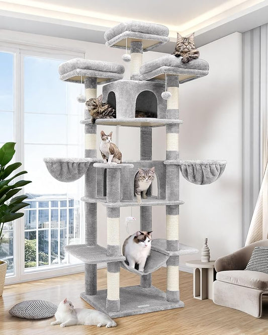 Globlazer Big Cat Tower for Indoor Cats, 80inch Cat Tower for Multiple Adult Cats XXL Cat Tree with Scratching Post, Hammock, 3 Perches, 2 Condos, 2 Hanging Basket, F80, Light Grey