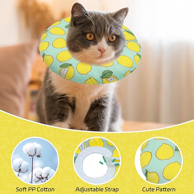 Cat Cone Collar Soft, Adjustable Cat Recovery Collars to Prevent Licking, Cute Donut E Collar After Surgery, Wound Healing Elizabethan Collar for Kittens(Green Lemon, Large)