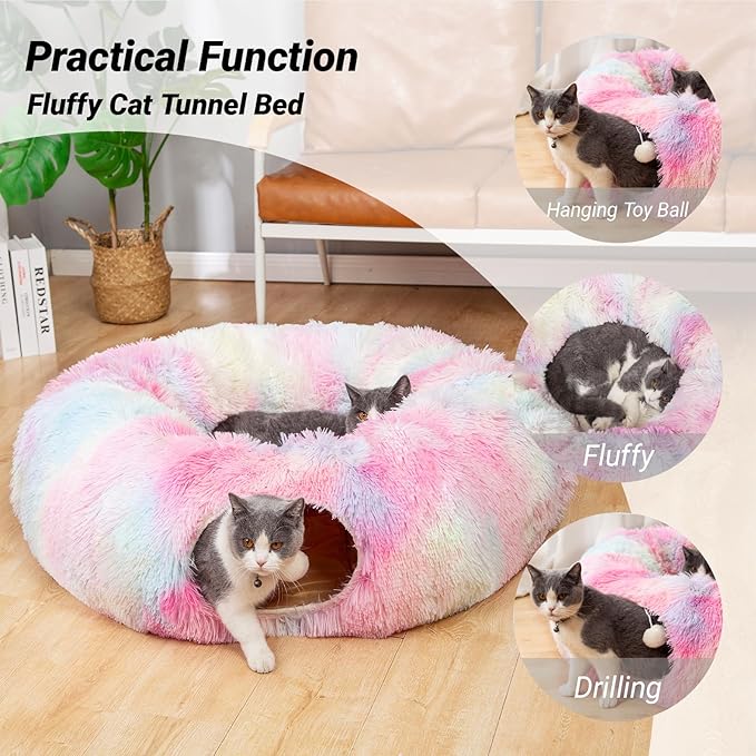 LUCKITTY Warm Fluffy Plush Cat Dog Tunnel Bed with Washable Cushion-Big Tube Playground Toys 3 FT Diameter Longer Crinkle Collapsible 3 Way, for Indoor Cat Kitty Kitten Puppy Rabbit Ferret Rainbow