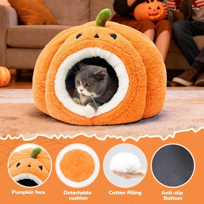 CATISM Halloween Cat Bed - Cat Bed for Indoor Cats, Cute Pumpkin Cat Beds with Warm Cushions Removable Cave with Non-Slip Bottom