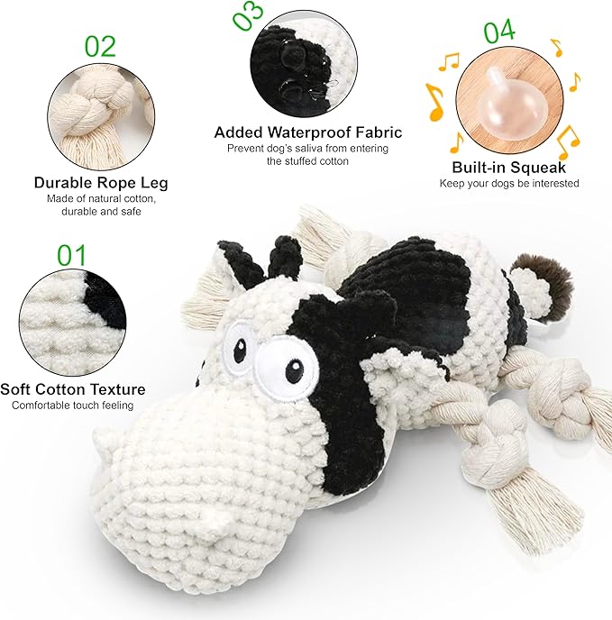 COWIE - Durable Plush Cow Dog Toy with Rope – Soft Chew Toy for Puppies Small Medium & Large Dogs – Crinkle Ears, Teeth-Cleaning & Interactive Squeaky Dog Toys