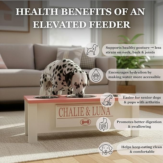 GrooveThis Woodshop - Personalized Elevated Triple Dog Bowl Stand for Large, Medium, Small, X-Small Dogs - 3 Stainless Steel Food and Water Bowls - Raised Dog Dish with Internal Storage (Small, Brown)