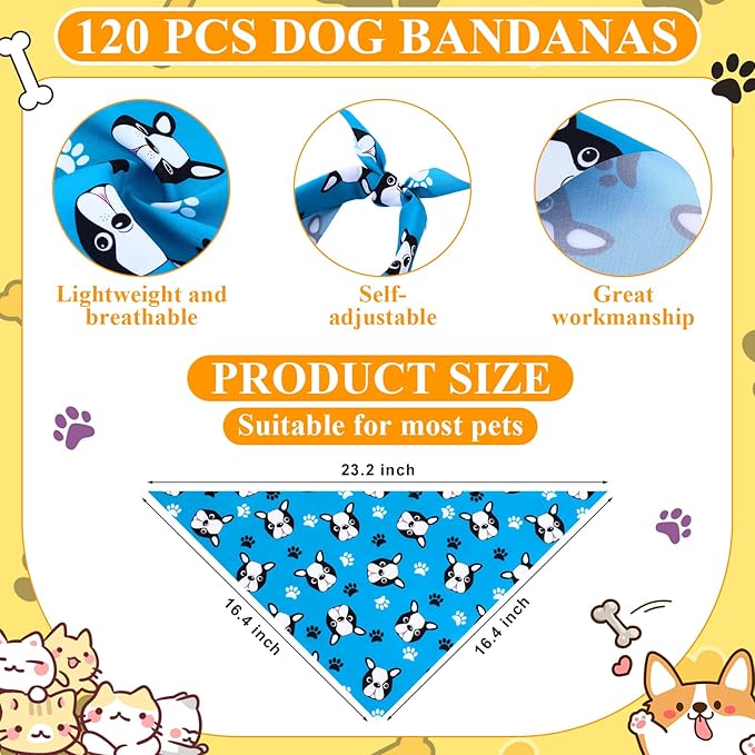 Sanwuta 120 Pcs Bandanas for Dogs Bulk Bones Triangle Dog Bandana Washable Pet Scarves Adjustable Bibs for Small and Medium Pets, 30 Styles