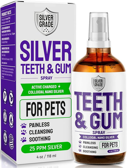 SILVER GRADE Teeth & Gum Dog Breath Spray for Pets Mouth – Cat Dental Care with Silver – Dog Breath Freshener Helps with Tartar & Caries – Plaque Remover for Daily Use – 4 Oz