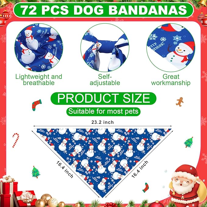 72 Pcs Dog Bandanas Bulk Triangle Scarf Cat Bibs Puppy Scarf Pet Bandanas for Puppy Cat Birthday Party Costume(Christmas)
