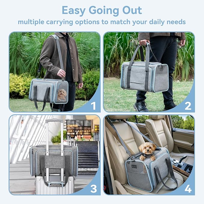 Petsfit Expandable Large Cat Carrier Small Dog Carriers Airline Approved, 17" Lx 11" Wx 11" H Soft-Sided Portable Washable Pet Travel Carrier with 2 Extension for Kittens, Puppies, Rabbits