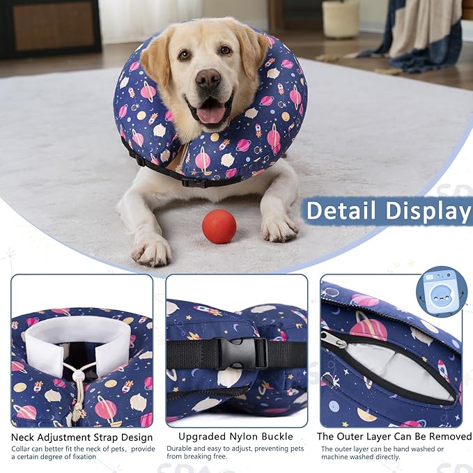 Inflatable Dog Cone Collar,Waterproof Soft Dog Donut Cone for Large Medium Small Dogs Cats, Recovery Pet E-Collar Alternatives After Surgery (Planet, Medium)