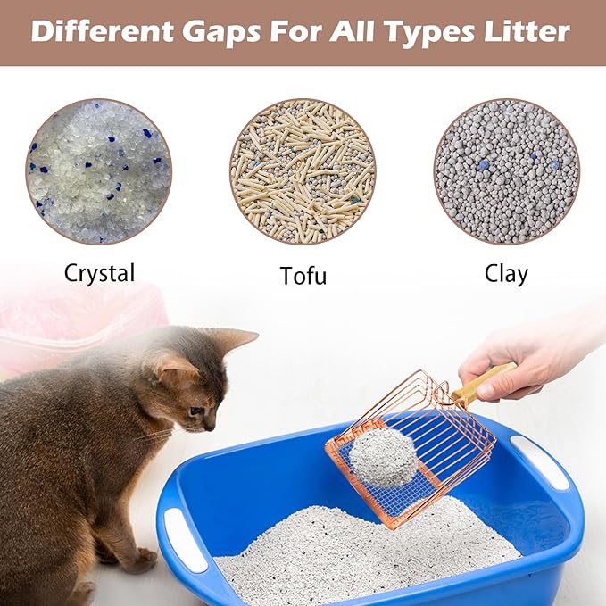 Metal Kitty Litter Scoop,Fast Sifting Litter Scooper for Cats,Cat Poop Scooper with Wood Handle & Hook Rose Gold Solid Two Mesh Kitten Deep Shovel