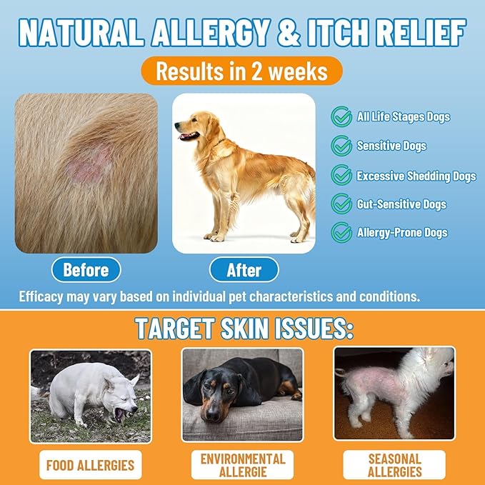 Dog Allergy Relief Chews, Dog Itching Skin Relief, 500 Crunchy Krill Center Seasonal Allergy Anti-Itch Chews, Itchy Ear & Paw Licking, Colostrum, Quercetin & Probiotics for Gut, Immune, Skin & Coat