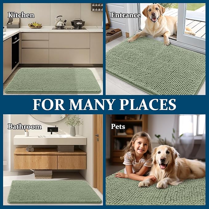 OLANLY Dog Door Mat for Muddy Paws 24x16, Absorbs Moisture and Dirt, Absorbent Non-Slip Washable Doormat, Quick Dry Chenille Mud Mat for Dogs, Entry Indoor Entryway Carpet for Inside Floor, Sage Green