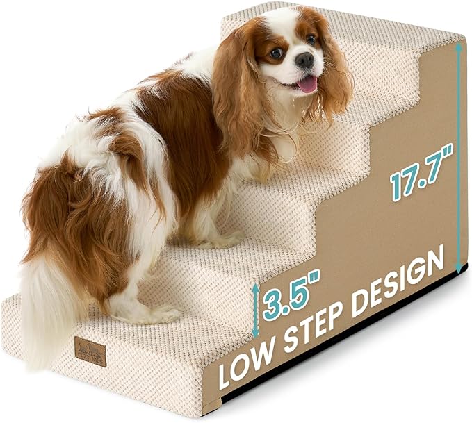 Slope Dog Stairs for Small Dogs 17.7" H, Pet Steps for Bed, Couch with Certified Foam, Non-Slip Dog Ramp Ladder for Puppy Older Cats, 5 Step, Beige