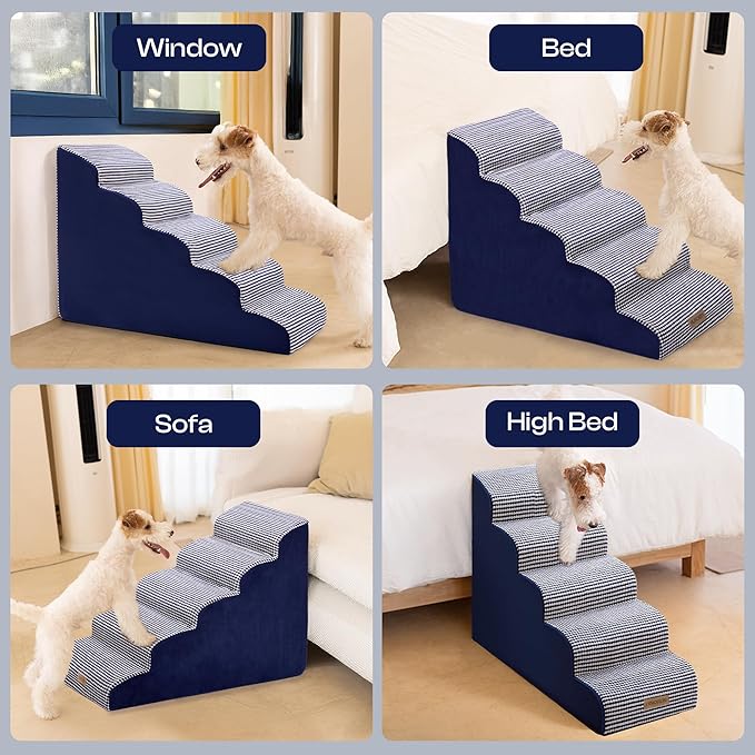 Curved Dog Stairs for High Bed Up to 26", 5-Step Dog Ramp for Small Dogs with Washable Cover, Non-Slip Steps for Cats to Get on Couch and Sofa, Durable Foam Ladder for Medium Breeds, White Navy