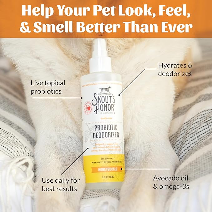 SKOUT'S HONOR Probiotic Pet Deodorizer Spray- Hydrating Daily-Use with Avocado Oil & Omega-3s, Microbiome Friendly Certiified, Paraben & Sulfate-Free, 97% Natural, 8oz, Honeysuckle, 2-Pack