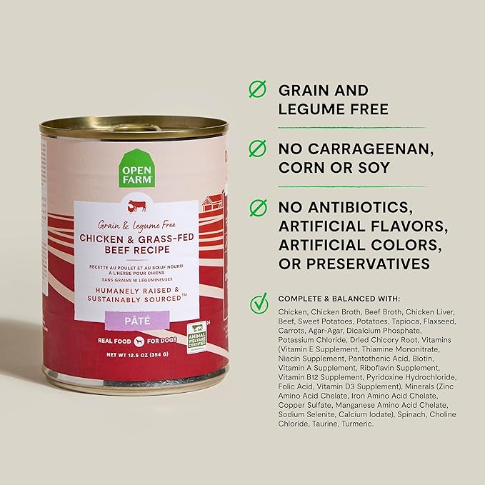 Open Farm Canned Dog Food, Pate for Complete & Balanced Nutrition, Grain Free and Legume-Free, Grass-Fed Beef Recipe, 12.5oz Cans (Pack of 12)