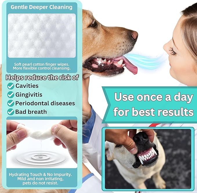 Pet Dental Finger Wipes for Dogs & Cats – Dog Tooth Wipes & Toothbrush Alternative – Easy Teeth Cleaning to Reduce Plaque, Tartar & Bad Breath – Vet-Approved Cat & Dog Oral Care (2 Pack).