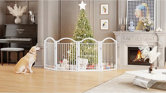 BHG Metal No-Assembly Freestanding Dog Gate with Door Walk Through, Extra Wide 96", Extra Tall 32" Pet Gate, Accordion Puppy Folding Playpen Dog Fence, with 2PCS Support (White, 4 Panels)