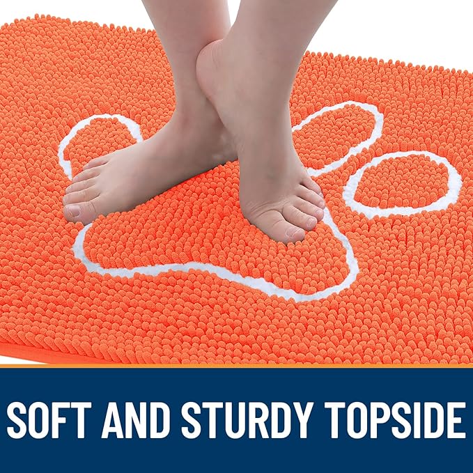 OLANLY Dog Door Mat for Muddy Paws 30x20, Paw Print Design, Absorbs Moisture and Dirt, Absorbent Non-Slip Washable Doormat, Quick Dry Chenille Mud Mat for Dogs, Entry Indoor Entryway Carpet, Coral