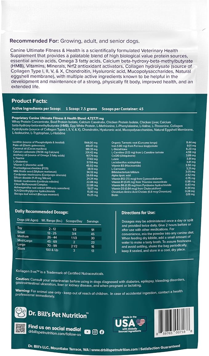 Dr. Bill’s Canine Ultimate Fitness & Health Vitamins for Dogs | Multivitamin for Dogs w/Coenzyme Q-10, Vitamin E, Vitamin D-3, Biotin, Folic Acid, Hyaluronic Acid Dog Vitamins and Supplements 340g