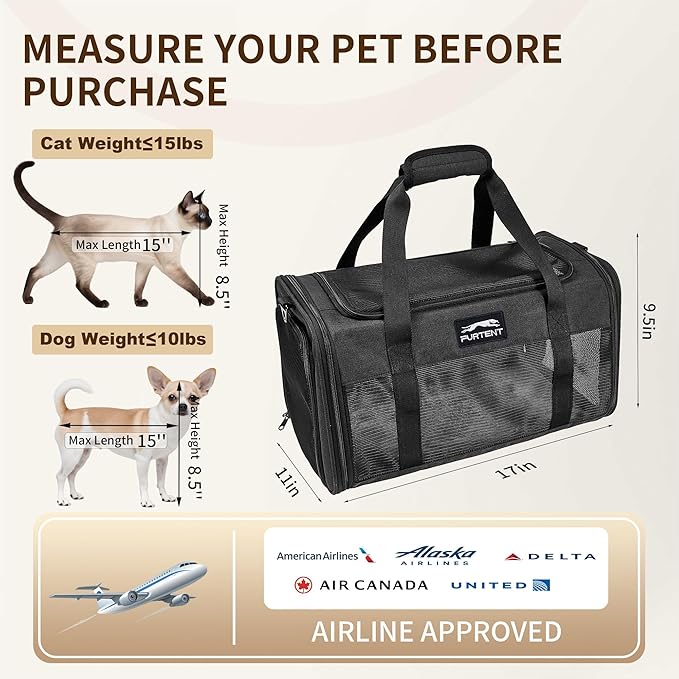 TSA Approved Pet Carrier in Cabin with Foldable Litter Box for Kittens and Small Dogs Fits Pets Up to 15 lbs, Animal Rabbit Puppy Soft Pet Carrier Portable Airline Approved, Travel for Comfort, Black