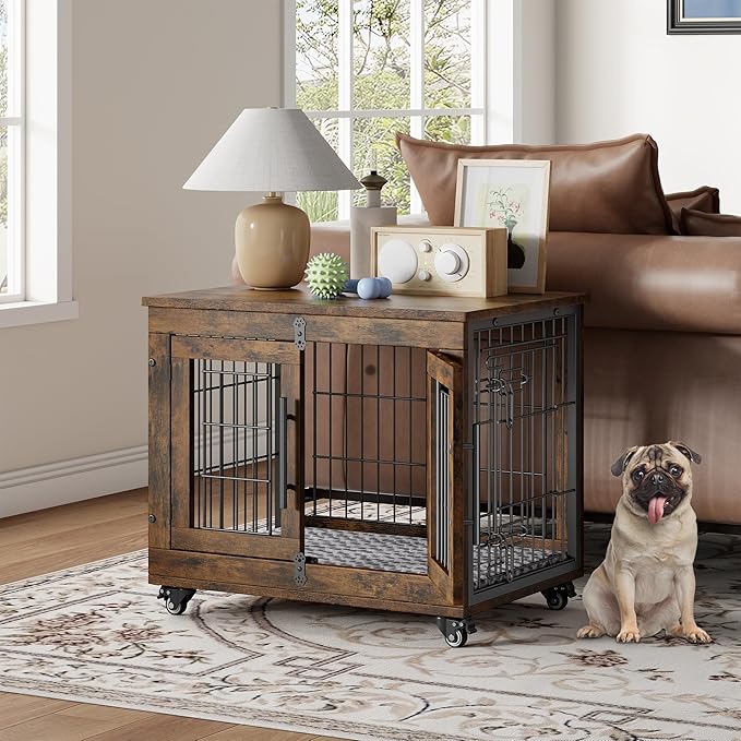 Dog Crate Furniture with Cushion Set of 2, Wooden Dog Kennel Indoor with Double Doors, Dog Cage with Wheels, Dog House Side End Table for Small Dogs up to 30 lb, 27.2" L, Rustic Brown