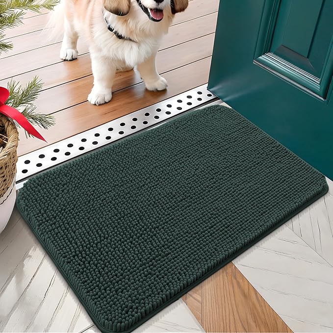 OLANLY Dog Door Mat for Muddy Paws 24x16, Absorbs Moisture and Dirt, Absorbent Non-Slip Washable Doormat, Quick Dry Chenille Mud Mat, Entry Indoor Entryway Carpet for Inside Floor, Blackish Green