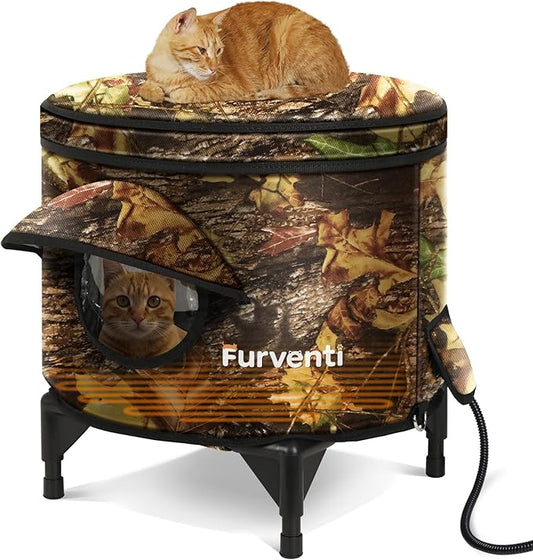 Heated Cat House for Outside,Metal Frame,Barrel Design,Extremely Weatherproof & Insulated in Winter,Elevated Outdoor Cat Shelter with Eaves & Escape Door for Feral Stray Barn Cat(Leaves,Large)