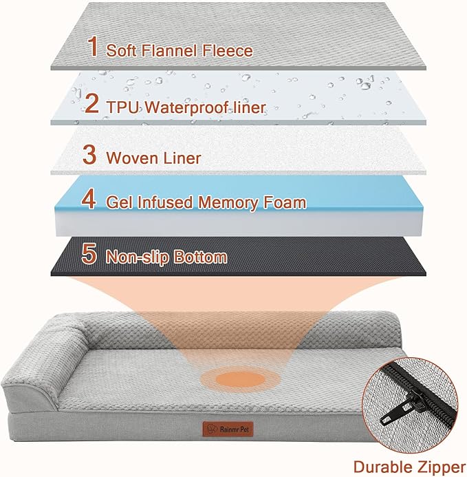 Orthopedic Dog Beds Large Sized Dog, Memory Foam Pet Bed for Large Dogs, Washable Removable Cover, Nonskid Bottom, Waterproof, 44x32x6 Inches, Light Grey