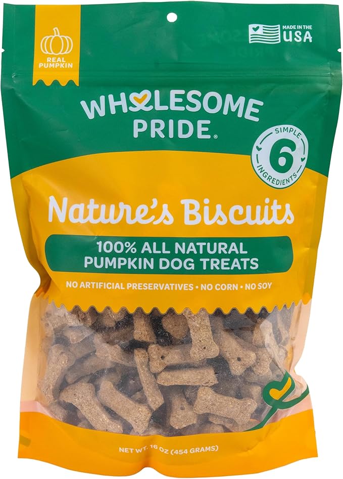 Wholesome Pride Nature’s Biscuits Pumpkin Dog Treats - Crunchy, Natural, Limited‑Ingredient, Grain‑Inclusive Recipe with Fiber‑Rich Pumpkin - Mini Bone‑Shaped Treats - 16oz Bag