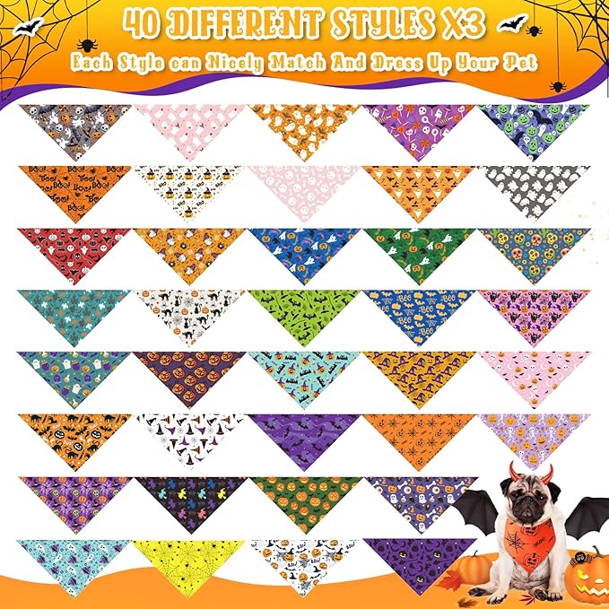 Amylove 120 Pcs Halloween Dog Bandanas Bulk Thanksgiving Day Holiday Triangle Dog Pack Puppy Kerchief Bandana Adjustable Pet Scarf for Pet Cat Costume Accessories Decor(Skeleton)