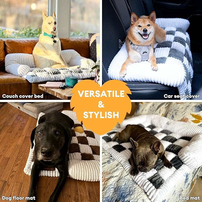 FUNNY FUZZY Pet Couch Covers for Sofa, Large Dog Couch Bed Cover Cream Square Plaid Washable Pet Mat for Furniture Protector Sofa Cover for Dogs, Large, Muted Grey