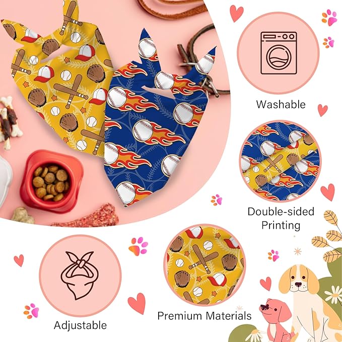Baseball Dog Bandanas 2 Pcs, Puppy Gifts, Pet Scarf for Dog Girl, Baseball Triangle Puppy Scarf Kerchief Bandana, Small Medium Pet Dogs On Sport for Dogs Lovers