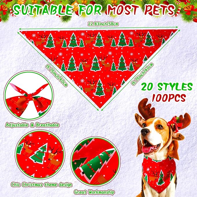 100 Pcs Christmas Dog Bandanas Bulk Xmas Dog Bandanas Adjustable Santa Claus Gingerbread Man Deer Pattern Pet Bibs Triangle Scarf Christmas Holiday Costume for Small Medium Pet Puppy