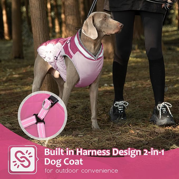 Dog Winter Coat with Harness, Dog Jacket, Pet Clothes with Zipper on Back, Waterproof Windproof Warm Vest, Reflective Cold Weather Coats, for Small Medium Large Dogs, Thick, Pink, M