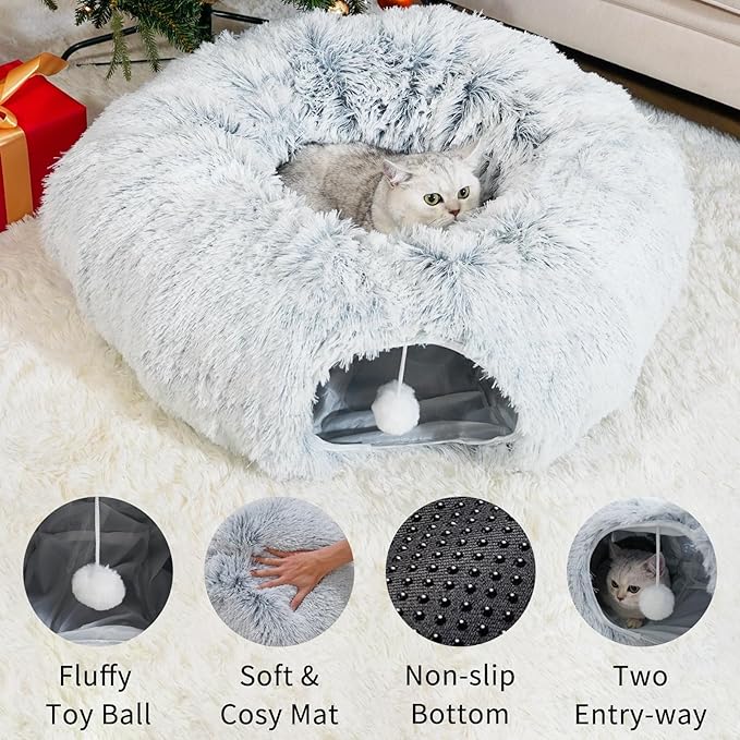 Cat Tunnels for Indoor Cats, Cat Tunnel Bed with Washable Cushion, Cat Tunnel Christmas Tree Skirt, Collapsible Donut Tunnel for Medium & Large Cat, Peekaboo Cave Toy, Gray