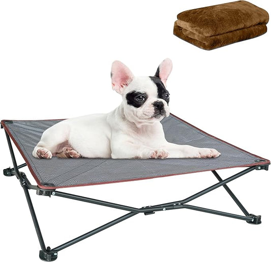unp Camping Dog Bed Pop up - Small Collapsible Dog Cot 19 x 19 x 10 inch - Outside Dog Bed with Plush Cover & Carrying Bag for French Bulldog, Poodle... (Brown, S)