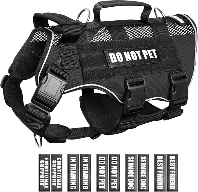WINSEE Mesh Dog Harness with 10 Pet Patches for Medium Service Dog in Training, Breathable Tactical Molle Vest with Double Handle, Reflective Military Pet Vest for Walking Hiking