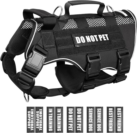 WINSEE Mesh Dog Harness with 10 Pet Patches for Small Service Dog in Training, Breathable Tactical Molle Vest with Double Handle, Reflective Military Pet Vest for Walking Hiking