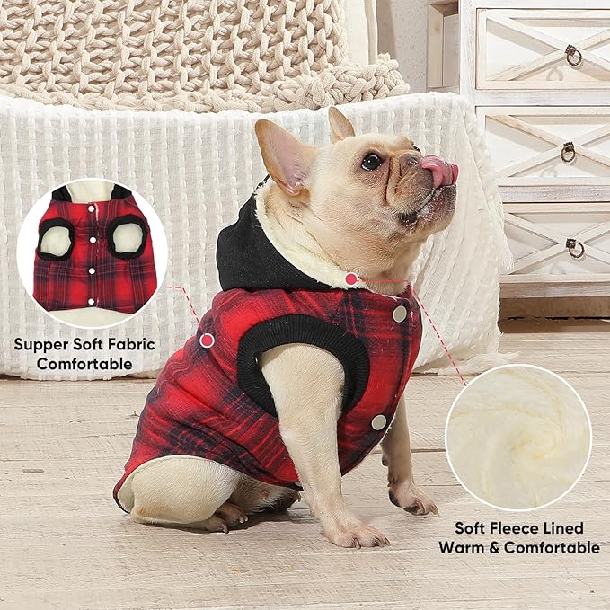 Fleece Lining Dog Hoodie for Small Dogs Extra Warm Plaid Sweater with Drawstring Hooded Coats in Winter Puppy Jacket,Red S