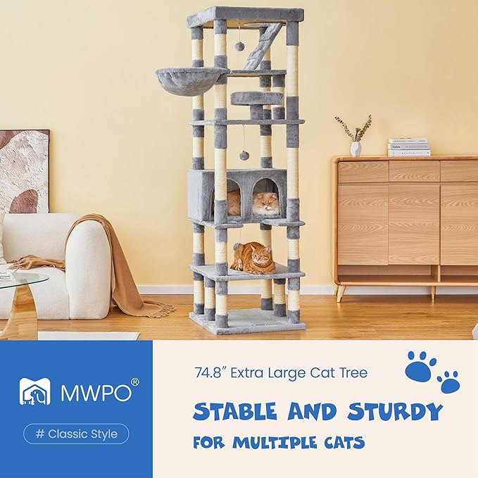 MWPO 74.8 inches Large Cat Tree with Sisal-Covered Scratching Posts & Condo, Tall Cat Tower Entertainment Playground Furniture for Cats & Kittens - Multiple Colors-Light Gray