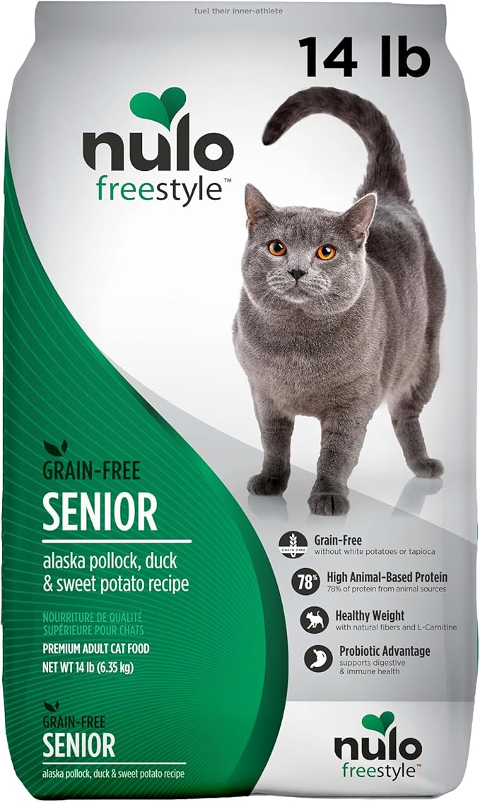 Nulo Freestyle High Protein Senior Cat Food, Alaska Pollock & Sweet Potato Recipe - Natural Grain-Free Dry Cat Food for Seniors with L-carnitine, Omega Fatty Acids, & Probiotics, 14 lb Bag