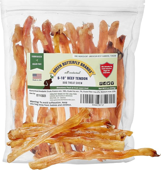 Beef Tendons for Dogs. USA Made, Grass Fed, All Natural Dental Chews. Grain Free, Odor Free (8 OZ)
