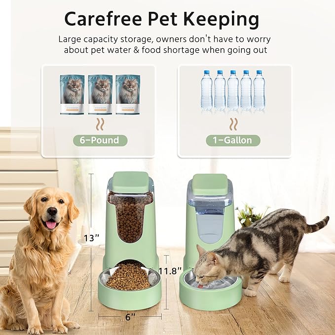 2 Pack Automatic Cat Feeder and Stainless Steel Water Dispenser, Gravity Dog Waterer Set Food Feeder and Waterer Set for Small Medium Kitten Puppy Pets(1 Gallon x 2, Green)