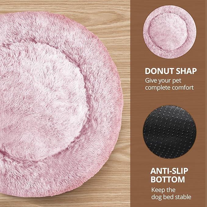JOLLYVOGUE Calming Dog & Cat Bed for Small Dogs, Anti-Anxiety Donut Cuddler Cozy Soft Round Bed with Anti-Slip Bottom, Fluffy Faux Fur Plush Cushion Beds for Small Medium Dogs, 20"/Smoke Pink