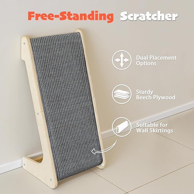 PETKARAY L Shape Cat Scratcher, Sisal Kitty Scratching Ramp, Vertical Scratch Pad for Indoor Cats, 25.5" Furniture Protector with Catnip, Grey