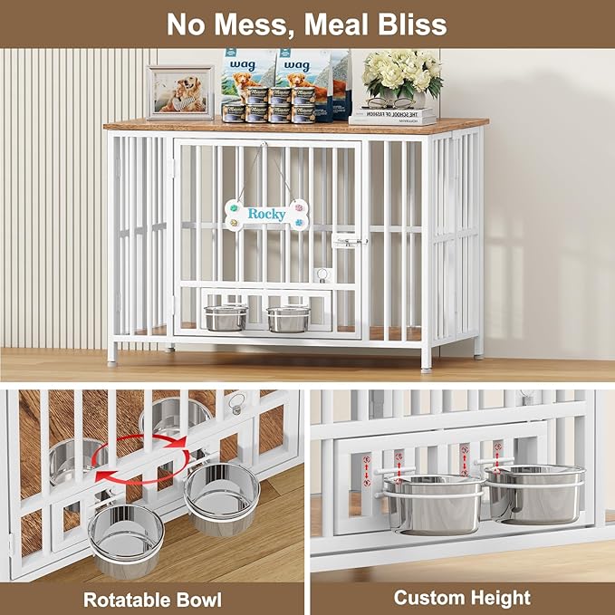 Easycom 41" Dog Crate Furniture Foldable, No Assembly Decorative Dog Kennel Indoor, Dog Crates for Large Dogs(35-60 lb), Wooden Dog Crate with Adjustable Bowls and Name Tag, End Table, White & Beech