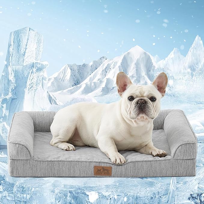 Cooling Dog Bed, Orthopedic Foam Dog Bed with Sides, Removable Washable Cover & Waterproof Lining and Nonskid Bottom, Comfortable Pet Beds for Small Dogs, Grey (30" L x 20" W x 6" Th)