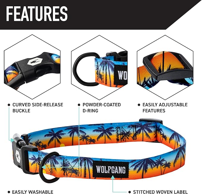 Wolfgang Heavy Duty Martingale Dog Collar with Quick Release Nylon Buckle for Walking & Training, SunsetPalms Print, Large